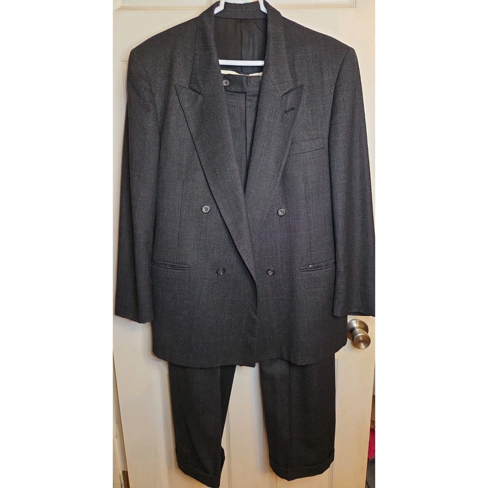 Vintage Evan Picone Mens Suit 42R 36x30 Wool Double Breasted Gray Plaid